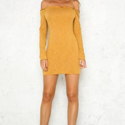 Mustard Yellow Off The Shoulder Long Sleeve Short Bodycon Dress LLM3096 ...