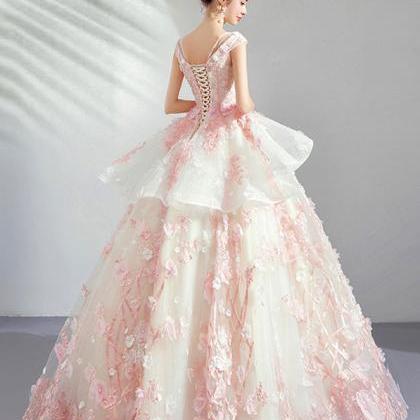 T189 Pink Flower Women Luxury Lace Long Sleeve..