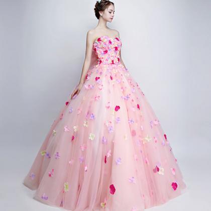 T215 Pink Women Luxury Lace Tube Ball Gown Dress