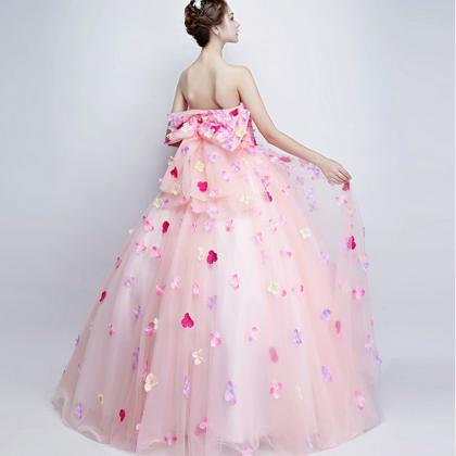T215 Pink Women Luxury Lace Tube Ball Gown Dress
