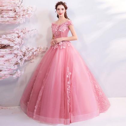 T200 Pink Women Luxury Lace Ball Gown Dress