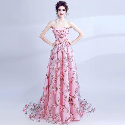 T193 Pink Flower Women Luxury Lace Tube Ball Gown..
