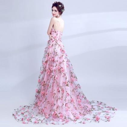 T193 Pink Flower Women Luxury Lace Tube Ball Gown..