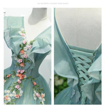 T192 Green Flower Women Luxury Lace Sleeveless..