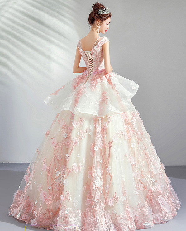T189 Pink Flower Women Luxury Lace Long Sleeve Ball Gown Dress