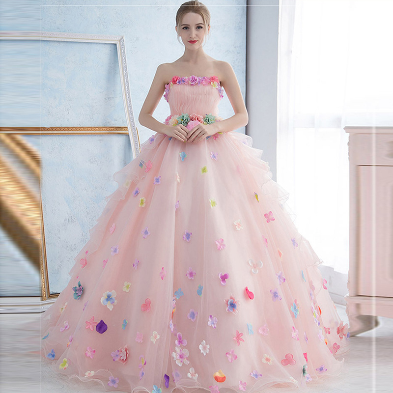T216 Pink Flower Women Luxury Lace Sleeveless Ball Gown Dress