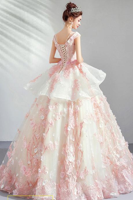 T189 Pink Flower Women Luxury Lace Long Sleeve Ball Gown Dress