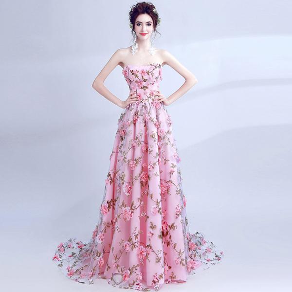 T193 Pink Flower Women Luxury Lace Tube Ball Gown Dress