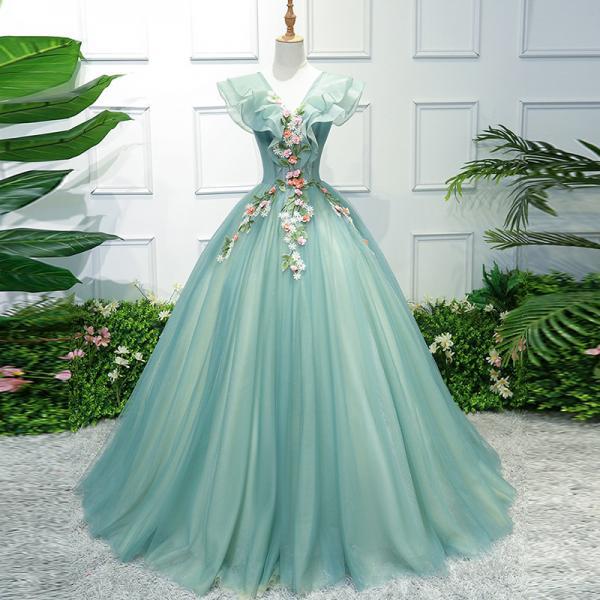 T192 Green Flower Women Luxury Lace Sleeveless Ball Gown Dress