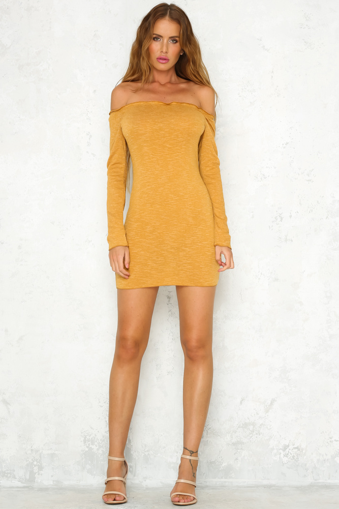Mustard Yellow Off The Shoulder Long Sleeve Short Bodycon Dress LLM3096 ...